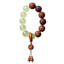 SIXAOAZZ Pear Wood Buddha Beads Mala Bracelet Hand Carved Wooden Beads with Luminous Jade Lucky Charms Wealth Attracting Buddhist Prayer Bracelet for Men and Women Healing Energy Running Ring