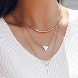 Aonklot Gold Layered Necklaces for Women Vintage Triangle Pendant Necklace Dainty Horizontal Bar Necklace Jewelry