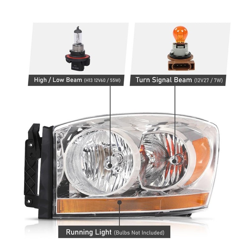 G-PLUS Headlights Assembly w/Bulbs Compatible with Dodge Ram 1500 06-08/Dodge