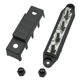 4-Column Distribution Block Busbar 4×3/8 (M10) Screw Terminals with lid 250 AMP Rating for Automotive, Marine and Solar Cabling (Black)