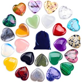 24pcs Healing Crystals Heart Stones, Love Heart Natural Gemstones for Lover, Valentine's Day, Multi Polished Pocket Stone for Stress Relief Reiki Chakra Healing, Meditation, Balancing Yoga