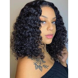 ISEE Glueless Bob Wigs Human Hair Pre Plucked Pre Cut Water Wave Human Hair Wig for Black Women 5x7 HD Lace Closure Wigs 180% Density (Black, 12 Inch)