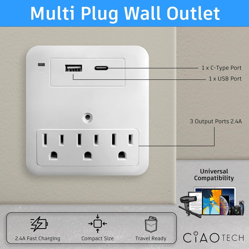 Extensor de 3 tomas con 1 USB-A y 1 USB-C,