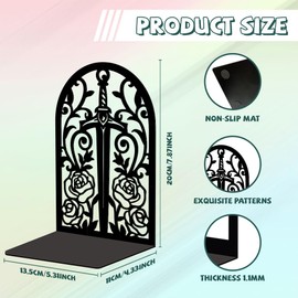 Peacoblue Metal Bookend Stopper Holder Stand for Shelves Decorative, 13.5x11x20 Modern Creative Heavy Duty Study Book End for Desk Shelf, 1 Pair (Sword with Vine and Rose)