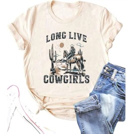 Long Live Cowgirls Sleeveless Women's Western Vintage Graphic Tees Funny Letter Print Country Music Cotton T-ShirtColor: Beige-a, Size: 2 XL
