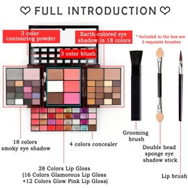JewelryWe 74 Colors Makeup Palette Set, All In One Lip Gloss, Blusher, Concealer, Contour Powder, Eyeshadow Palette Professional Color Combination Makeup Gift Kit