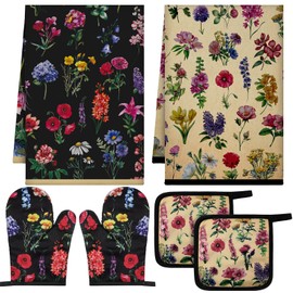 Bencailor 6 Pcs Flower Kitchen Towels Oven Mitts and Pot Holders Set Decorative Dish Towels Tea Towels Non Slip Heat Resistant Oven Gloves for Home Cooking Dish Baking BBQ, Cute Color