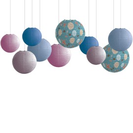 METHEDEECO Round Paper Lanterns Beach Ocean Blue Theme Marine Shell Pattern 10pcs Foldable Ball for Coastal Parties, Weddings,Themed Events Classroom Decor Summer Mermaid Party Decor Party Gift