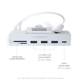 SATECHI Pinza Hub USB C – Puerto de Datos USB C, Datos USB A 3.0, Lector de Tarjetas Micro/SD – para Apple Studio Display y 2021 iMac M1 24". No es Apto para iMac 2020 y Modelos anteriores (Plata)