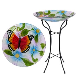 Alpine Corporation 26" Tall Outdoor Glass Floral Butterfly Birdbath with Metal Stand and Detachable 18" diam Bowl, Garden Decor, Orange