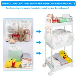 Volnamal Baby Diaper Cart, Plastic Baby Diaper Caddy Baby Organizer for Nursery Diaper Cart with Wheels Baby Essentials Storage Cart, White