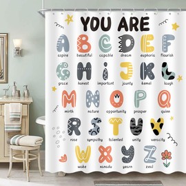 Simsant Colorful ABC Alphabet Quotes Cute 72x72 Shower Curtain Set Boys Positive Inspirational Motivational Child You are Learning Toddler Kids Polyester Cloth Fabric Bathroom Curtain with Hooks