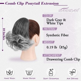 BARSDAR Drawstring Ponytail Extension, 10 Inch Short Wavy Ponytail Hair Extensions for Women Synthetic Comb Clip in Ponytails Hairpieces Salt and Pepper Pony Tail - Dark Gray & White Tips