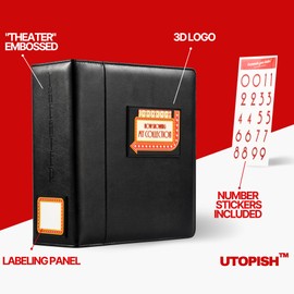 UTOPISH Show-Bill Binder with Sleeves – Large 4” Theater Program Holder with 35 Sheet Protectors and Numbering Stickers Included - Broadway Gift with Full-Color Logo and Numbering Panel
