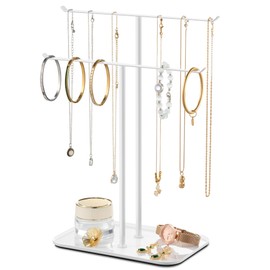 Necklace Holder Jewelry Organizer Stand – 2‑Tier T‑Bar Jewelry Display Tree with Tray for Countertop Necklace Bracelet Earring Storage, Vanity Dresser Bathroom Sink, White