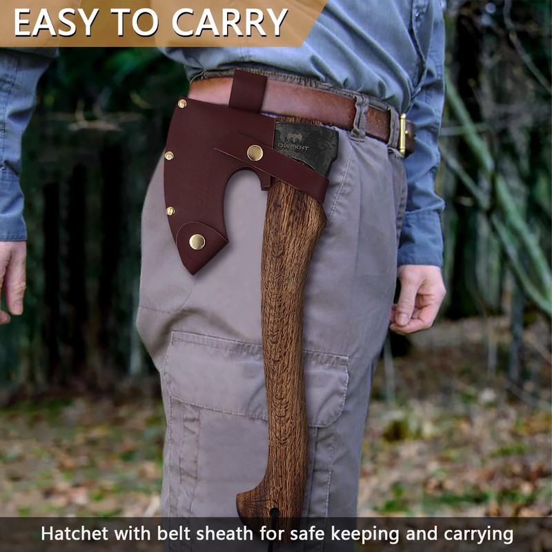 Hatchet Axe, 15.7" Camping Hatchet with Leather Sheath, Bushcraft Axe