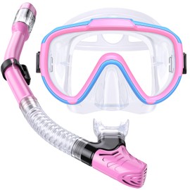 Seovediary Kids Snorkel Set, Anti-Fog Panoramic Tempered Glass Kids Snorkel mask, Anti-Leak Scuba Diving Mask with Mesh Bag, Dry Top Snorkeling Gear for Kids and Youth Age 4-16