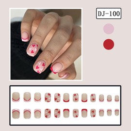 24Pcs Valentines Nails Press on Nails Short French Tip Fake Nails with Nail Glue Nude Acrylic Nails Design Valentines Red Pink French Tip Heart False Nails Stick on Nails for Women DIY Manicure