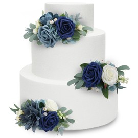 Rinlong - 3 decoraciones para tartas prefabricadas de color azul marino, decoraciones para tartas de boda, decoración de flores, decoración de cumpleaños, bautizo, fiesta para tartas