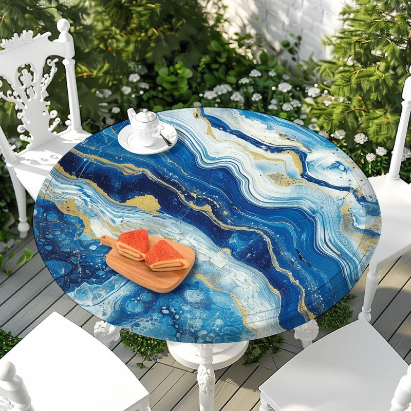 CREATCABIN Marbling Elastic Tablecloth Round Table Cover Waterproof Washable Fitted