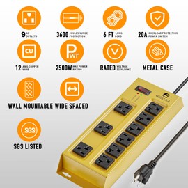 Heavy Duty Metal Power Strip, 20 AMP Surge Protector with 9 Outlets, 12 Gauge Industrial Strength for Shop & Garage Use, 6 FT Extension Cord Included, Durable T-Slot Design-Yellow