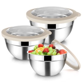 TeamFar Mixing Bowls with Lids, 4.5/3/1.5 QT Stainless Steel Nesting Salad Bowls with Airtight Lids, For Serving/Mixing/Storing/Prepping, Healthy & Sturdy, Visible & Easy Clean, Khaki, Set of 3