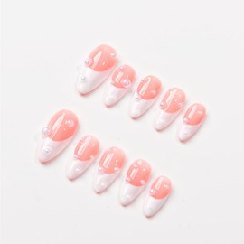 Basic Design with Chrome, French, Light Star Almond Press On Nails, Classic Design Fake Nails for Chrismast Event, Wedding Event, Prom, Party (S009, XS)