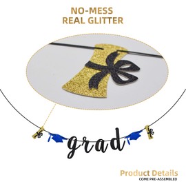 Kindergarten Grad Banner for Kids Graduation Party Decorations, Congrats Grad Party, Graduation Cap and Diploma Sign (Black Glitter)