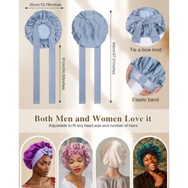 Silk Bonnet for Sleeping 100% Mulberry Women Double Layer Sleep Cap with Adjustable Elastic Band Silk Hair Wrap(Mist Blue+Sky Blue)