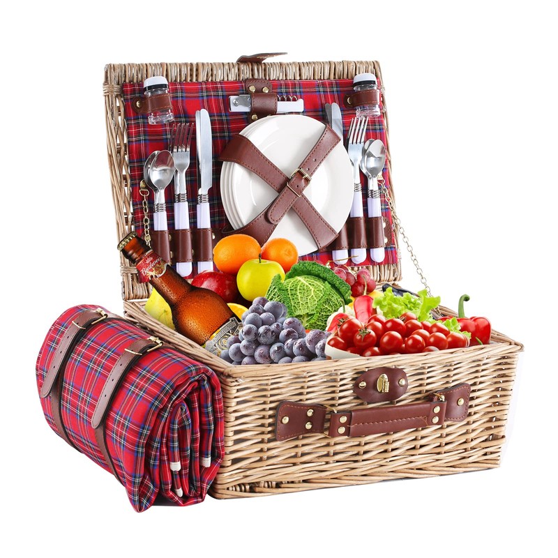 HYBDAMAI Wicker Picnic Basket for 4 with Waterproof Picnic Blanket
