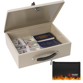 Polspag Fireproof Document Box with Key Lock & Fireproof Money Bag,Safe Storage Boxfor Valuables,Key Lock Security with Carrying Handle,Fireproof Box for Documents,Passport Extra Large (White, Large)