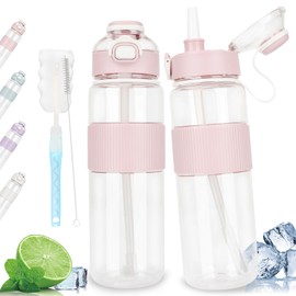 ADVIGO Water Bottle 1 Litre with Straw, Leak-Proof Water Bottle 1 Litre with Sticker, Sports Water Bottle 1 Litre BPA Free, Water Bottle for School, Work, Fitness, Travel, Bicycle, Camping (Pink