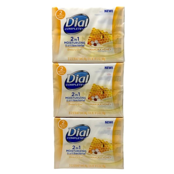 Dial Complete Beauty Bar Soap - 2 in 1 Moisturizing & Antibacterial - Manuka Honey - 3 Count 3.2 OZ Beauty Bars Per Package - Pack of 2 Packages