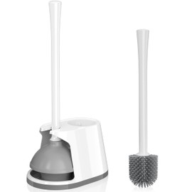 Toilet Plunger and Brush Set, Silicone Bowl Brush and Heavy Duty Toilet Plunger with Ventilated Holder, 2-in-1 Toilet Brush and Plunger Combo for 5.3-inch Toilet Drain Bathroom Deeply Cleaning