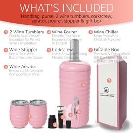 Open The Wine Set of 2 Insulated Wine Tumblers with Lid, Wine Bottle Chiller, and Wine Accessories - Stopper, Aerator, Pourer, Corkscrew - Unique Wine Gifts for Mothers, Women and Wine Lovers (Pink)