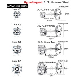 Earrings Studs Set for Women Men, Hypoallergenic 316L Stainless Steel Studs Earrings 3-4-5-6mm Cubic Zirconia Simulated Diamond Round CZ Ear Stud for Multiple Piercing（4Pairs-Silver)