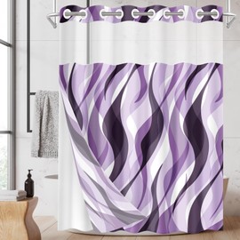 Nesphy No Hook Purple Shower Curtain with Snap in Fabric Liner Set, Modern Abstract Striped Double Layers Waterproof Fabric with See Through Top Window Open Grommet Bath Curtain 71x74 Inch