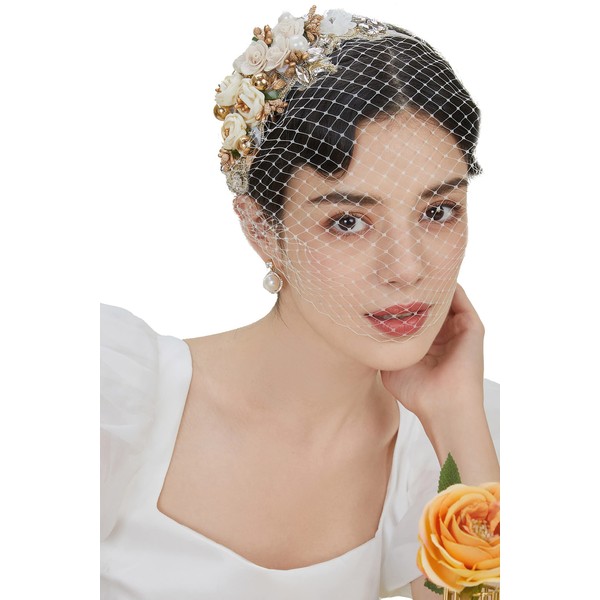 BABEYOND 1920s Fascinator Mesh Veil Headband Bridal Wedding Tea Party Fascinator Veil for Women Beige