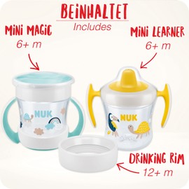 NUK Mini Cups 3-in-1-Trinklernbecherset Mini Magic Cup und Trainer Cup Auslaufsicherer 360°-Trinkrand ab 6 Monaten Praktische Griffe BPA-frei 160 ml 2 Stück