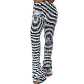 Vaceky Women's Stacked Fuzzy Pants High Waist Black and White Striped Bell Bottoms Street Casual Sweatpants