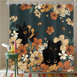 Riyidecor Cat Boho Floral Shower Curtain for Bathroom Decor 72Wx72H Cute Funny Girly Pretty Women Flowers Aesthetic Vintage Modern Girls Art Printed Fabric Polyester Waterproof 12 Pack Plastic Hooks