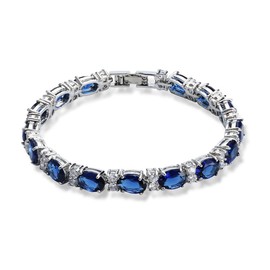 Deyanse Tennis Bracelet for Women, White Gold Plated Bangles with Blue Sapphire Oval & White Round 5A Cubic Zirconia, Hypoallergenic 7 Inch Birthstone Bracelet, Luxus Women's Bracelets with Gift Box
