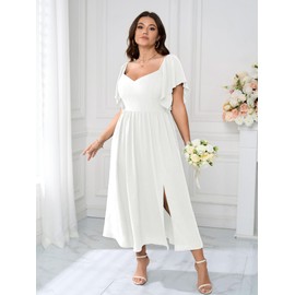 SCOMCHIC Women Plus Size Dresses Short Sleeve Sweetheart Neckline Wedding Guest Cocktail Smocked A Line Slit Maxi Dress White