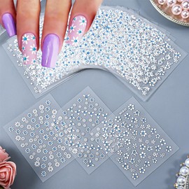 30Pcs Flower Nail Art Stickers 3D Self-Adhesive White Flower Nail Stickers Decals with Blue Rhinestones Nail Art Designs Nail Art Supplies for Women Girls Acrylic Flower Nail Charm Manicure Decorations