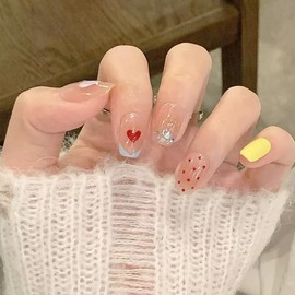 YXRXKJ Nail Tips, Medium, 24 Pieces, Nail Tips, Short, Popular, Japanese Style, Cute, Simple, Stylish, False Nails, Short, Spring & Summer, Bride Nails, Glossy, Coming of Age Ceremonies, Graduation