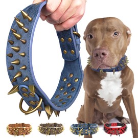 Kawagogo Spiked Studded Dog Collar with Large Sharp Spikes,2 Inch Wide Leather Dog Collar,Anti-bite,Fit Large Dogs,Pitbull Doberman (L, Blue)