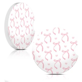 Car Cup Holder Coaster, Car Coasters for Cup Holder, 2 Pack Absorbent Ceramic Car Coaster with Finger Notch & Cork Base, Cute Car Interior Accessories for Women(Cute Pink Ribbon Bow)