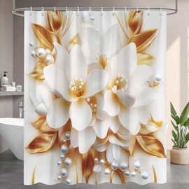 Raoycla Luxury White and Gold Floral Shower Curtain Grey Elegante Boho Fabric Modern Minimalist Hotel Bathroom Curtain Decor with 12 Hooks, 72Wx72H Simple Chic Bathtub Curtains