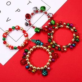 Christmas Jingle Bell Bracelets Beaded Xmas Tree Santa Bow Charm Bracelets Christmas Holiday Stretch Bracelets Festive Stocking Stuffers Jewelry Gifts for Women