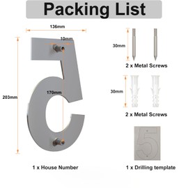 Large Brushed Modern House Number -8 Inch 203mm Height, Made of Solid 304 Stainless Steel, Floating Appearance and Easy to Install (Number 5 Five)